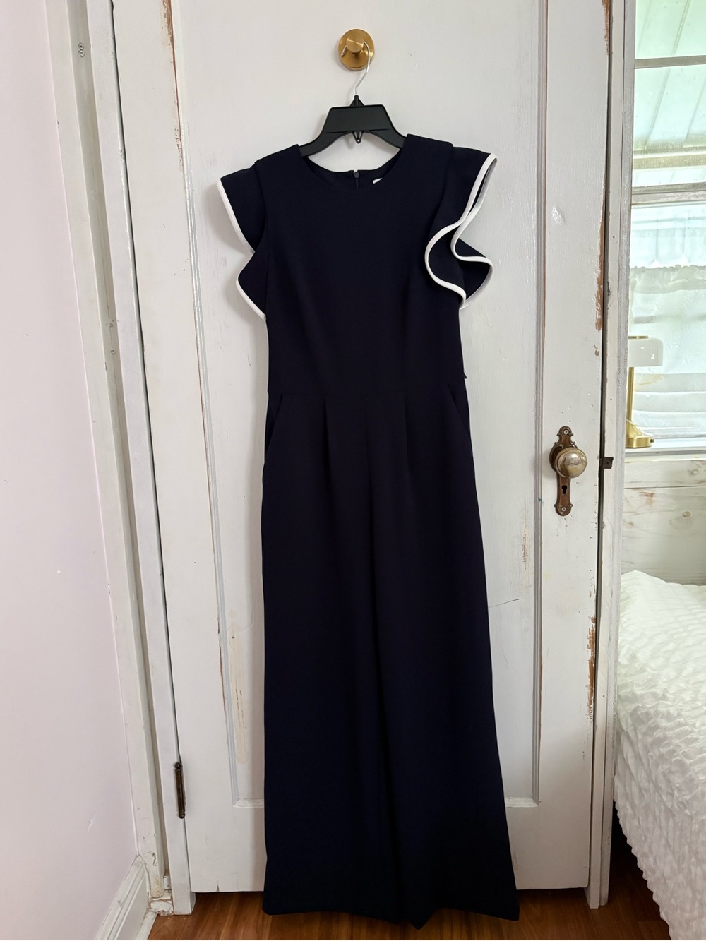 Calvin Klein Navy Maxi Dress with White-Trim Ruffle Sleeves